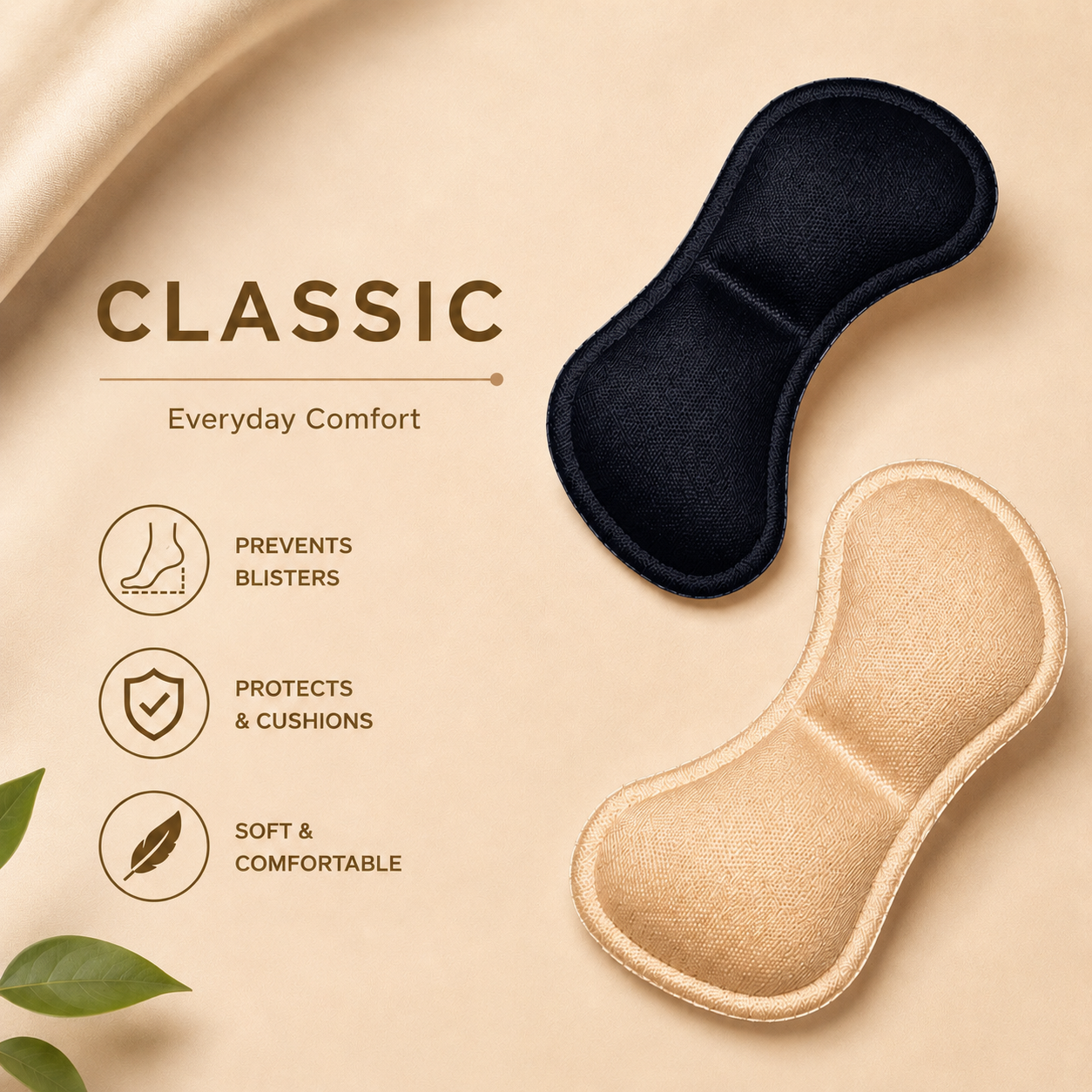 Two fabric insoles, one black and one beige, on a beige background with text highlighting features.